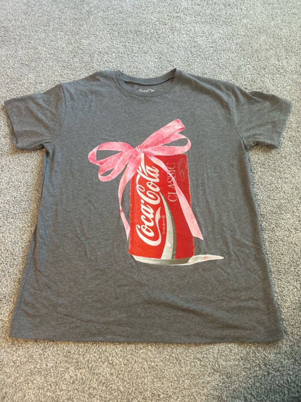 Coca Cola Gray Kids Tee with Pink Ribbon Can Graphic